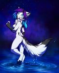  2014 5_fingers anthro bare_back blue_hair breasts canine digitigrade fox fur hair mammal neotheta nude partially_submerged purple_hair solo water white_fur 