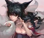  ahri animal_ears bare_shoulders black_hair breasts cleavage collarbone commentary detached_sleeves facial_mark fingernails fox_ears fox_tail holding_own_tail holding_tail korean_clothes large_breasts league_of_legends lips long_hair looking_at_viewer mossi multiple_tails open_mouth solo tail teeth tongue tongue_out upper_body whisker_markings wide_sleeves yellow_eyes 