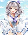  akatsuki_hijiri arms_between_legs bare_shoulders blue_eyes blush breasts cleavage collarbone day dress hat kantai_collection kashima_(kantai_collection) long_hair medium_breasts open_mouth outdoors sailor_collar silver_hair sky solo twintails wavy_hair white_dress white_hat wind wind_lift 
