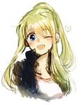  ;) bangs blonde_hair blue_eyes blush earrings eyebrows_visible_through_hair fullmetal_alchemist heart jacket jewelry long_hair looking_at_viewer lowres one_eye_closed open_mouth ponytail shirt simple_background smile solo tsukuda0310 white_background white_shirt winry_rockbell 