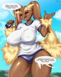  2017 anthro big_breasts black_sclera bottle breasts buckteeth clothed clothing dialogue english_text female holding_object lagomorph long_ears looking_at_viewer lopunny mammal mleonheart nintendo open_mouth pok&eacute;mon solo sweat teeth text unseen_character video_games 