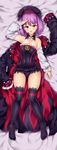  arm_up armpits ass_visible_through_thighs bare_shoulders black_dress black_legwear black_panties blush breasts cleavage coat coat_removed dakimakura detached_collar detached_sleeves dress fate/grand_order fate_(series) from_above full_body helena_blavatsky_(fate/grand_order) highres kuragari leotard looking_at_viewer lying on_back open_mouth panties purple_eyes purple_hair salute short_dress short_hair small_breasts smile solo strapless strapless_dress strapless_leotard thighhighs underwear white_sleeves 
