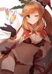  aqua_eyes black_gloves blush breasts brown_hair cape clarisse_(granblue_fantasy) gloves granblue_fantasy green_eyes long_hair looking_at_viewer medium_breasts navel one_eye_closed orange_hair ponytail rizky_(strated) smile solo thighhighs 