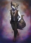  2015 anthro barefoot clothed clothing digitigrade fur grey_eyes grey_fur mammal neotheta raccoon simple_background smile solo standing 