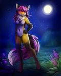  2015 5_fingers anthro barefoot black_nose canine detailed_background digitigrade featureless_crotch fox hair mammal moon navel neotheta nude purple_eyes purple_hair sky smile solo star starry_sky 