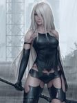  android artist_name bare_shoulders black_gloves blue_eyes collarbone commentary elbow_gloves gloves hair_over_one_eye highres holding holding_weapon lips long_hair mole mole_under_mouth nier_(series) nier_automata rain realistic revision sciamano240 short_shorts shorts signature silver_hair solo sword thigh_gap thighhighs torn_clothes torn_legwear weapon wet wet_hair yorha_type_a_no._2 