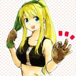  !! 1girl blonde_hair blue_eyes eyebrows_visible_through_hair fullmetal_alchemist gloves heart heart_background kerchief long_hair looking_at_viewer ok_sign open_mouth ponytail simple_background solo tank_top tsukuda0310 white_background winry_rockbell 