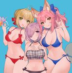  :d :o :q ahoge animal_ears bangs bikini black_bikini black_choker blue_background blue_bikini blue_bow bow bow_bikini braid breasts choker cleavage commentary_request cowboy_shot eyebrows_visible_through_hair fate/extra fate/extra_ccc fate/grand_order fate_(series) fox_ears fox_tail french_braid groin hair_bow hair_bun hair_intakes hair_over_one_eye hair_ribbon hands_on_own_chest hands_up holding large_breasts looking_at_viewer mash_kyrielight medium_breasts midriff miyako_(xxxbibit) multiple_girls navel nero_claudius_(bride)_(fate) nero_claudius_(fate) nero_claudius_(fate)_(all) open_mouth pink_hair ponytail purple_eyes purple_hair red_bikini red_bow red_ribbon ribbon short_hair side-tie_bikini sidelocks simple_background smile stomach strap_gap string_bikini swimsuit tail tamamo_(fate)_(all) tamamo_no_mae_(fate) tamamo_no_mae_(swimsuit_lancer)_(fate) tongue tongue_out 