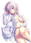  blush bottomless breasts breasts_apart convenient_leg fate/grand_order fate_(series) fou_(fate/grand_order) hair_over_one_eye heirou large_breasts long_sleeves lying mash_kyrielight naked_shirt navel no_bra on_back open_clothes open_mouth open_shirt purple_eyes purple_hair shirt short_hair smile solo white_shirt 