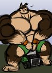  big_muscles buddy_thunderstruck buddy_thunderstruck_(character) canine cedricbrowning_(artist) clothed clothing dog male mammal muscular topless 