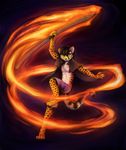  2014 4_toes 5_fingers anthro barefoot black_hair cheetah clothed clothing digitigrade feline fire fur hair holding_object mammal neotheta spots spotted_fur toes yellow_fur 