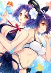  :d bikini black_bikini breasts brown_eyes cup drink drinking_glass flower grin hair_flower hair_ornament headgear holding kantai_collection large_breasts mechanical_halo multiple_girls open_mouth pf purple_hair short_hair smile swimsuit tatsuta_(kantai_collection) tenryuu_(kantai_collection) white_bikini white_flower yellow_eyes 