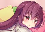  :&lt; andrew_(fanlp3) blush fate/grand_order fate_(series) long_hair looking_at_viewer pillow purple_hair red_eyes scathach_(fate)_(all) scathach_(fate/grand_order) solo sweater 