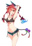  alternate_costume animal_ears armpits arms_behind_head bangs bikini black_bikini blue_fire bow breasts cat_ears cat_tail denim denim_shorts fang fire floating_skull groin hair_between_eyes hair_bow hips kaenbyou_rin long_hair looking_at_viewer medium_breasts multiple_tails navel one_eye_closed red_eyes red_hair ribbon shiny shiny_hair short_shorts shorts sideboob simple_background slit_pupils solo swimsuit tail tetsurou_(fe+) thighs touhou twintails two_tails underboob white_background 