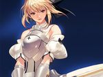  armor artoria_pendragon_(all) bare_shoulders blonde_hair brown_eyes detached_sleeves fate/stay_night fate_(series) hair_ribbon ribbon saber_lily solo sword takssmask weapon 