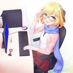  :3 :o adjusting_eyewear ahoge bat_hair_ornament blonde_hair blue_screen_of_death cardigan casual chair character_doll chisaki_tapris_sugarbell commentary_request computer desk faubynet figure flower gabriel_dropout glasses green_eyes hair_flower hair_ornament hair_rings hand_on_eyewear hands_up highres instrument keyboard keyboard_(computer) kurumizawa_satanichia_mcdowell long_scarf looking_at_viewer monitor mouse_(computer) nendoroid open_mouth pantyhose pink_cardigan pleated_skirt red_hair revision scarf school_uniform screen short_hair sitting skirt sleeves_past_elbows smile solo sparkle tenma_gabriel_white v-shaped_eyebrows white_background 
