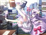  :&lt; bad_id bad_pixiv_id barefoot bespectacled bloomers book book_stack crescent falling feet glasses hat highres jitome ladder legs long_hair patchouli_knowledge purple_eyes purple_hair slippers solo_focus too_many too_many_books touhou tsukumizu_yuu underwear 