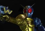  aiming antennae black_background bodysuit gun handgun kamen_rider kamen_rider_double kamen_rider_w male_focus mougira pistol shoulder_pads simple_background solo upper_body weapon 