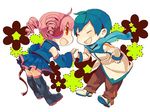  1girl 8'108 blue_hair blue_scarf chibi crossover detached_sleeves drill_hair kaito kasane_teto pink_hair red_eyes scarf skirt smile thighhighs twin_drills twintails utau vocaloid 