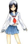  alternate_hairstyle black_hair faux_traditional_media fuura_kafuka grey_eyes hair_ornament hairclip long_hair midriff richa_doa sayonara_zetsubou_sensei school_uniform serafuku skirt sleeves_past_wrists smile solo 