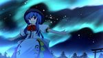  apron aurora blue_eyes blue_hair food fruit hat highres hinanawi_tenshi long_hair night outstretched_arms peach solo spread_arms star torii touhou tree tsubasa_(abchipika) 