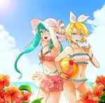  aqua_eyes aqua_hair bad_id bad_pixiv_id ball beach bikini blonde_hair day flower food hair_ornament hair_ribbon hairclip hat hatsune_miku hibiscus kagamine_rin long_hair multiple_girls pinky_out popsicle ribbon riri_(artist) short_hair smile swimsuit twintails vocaloid 