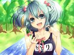  amase_(siki696) blue_eyes blue_hair hair_bobbles hair_ornament kawashiro_nitori name_tag one-piece_swimsuit school_swimsuit short_hair solo swimsuit touhou twintails two_side_up 