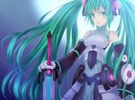  aqua_eyes aqua_hair armor bad_id bad_pixiv_id bare_shoulders detached_sleeves hatsune_miku long_hair natsujiru solo sword twintails very_long_hair vocaloid weapon 