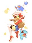  bad_id bad_pixiv_id brown_hair eevee gen_1_pokemon gen_2_pokemon happy hat hat_ribbon hug kotone_(pokemon) marill overalls pokemon pokemon_(creature) pokemon_(game) pokemon_hgss ribbon short_twintails smile thighhighs totodile tubomizaki twintails white_legwear 