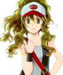  bad_id bad_pixiv_id baseball_cap brown_eyes brown_hair curly_hair frown hat holding holding_poke_ball long_hair poke_ball poke_ball_(generic) pokemon pokemon_(game) pokemon_bw ponytail simple_background solo tank_top touko_(pokemon) unotaro vest white_background 