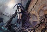  absurdres arm_cannon bad_id bad_pixiv_id belt bikini_top black_hair black_rock_shooter black_rock_shooter_(character) blue_eyes boots burning_eye chain coat flat_chest highres long_hair midriff navel scar shorts shuiyituzi solo twintails weapon 