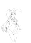  animal_ears aogu arms_behind_back breasts bunny_ears cleavage greyscale highres lineart long_hair medium_breasts monochrome no_bra reisen_udongein_inaba skirt smile solo touhou very_long_hair 