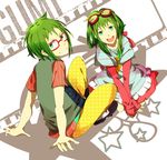  1girl bad_id bad_pixiv_id casual genderswap genderswap_(ftm) glasses goggles goggles_on_head green_eyes green_hair gumi gumiya nira-d short_hair sitting smile vocaloid 