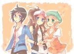  2girls bad_id bad_pixiv_id baseball_cap bel_(pokemon) black_hair blonde_hair blue_eyes brown_hair cheren_(pokemon) glasses green_eyes hat jacket meisa_(poker4) multiple_girls pokemon pokemon_(game) pokemon_bw ponytail touko_(pokemon) v vest 