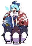  :d ^_^ animal anshinmama bad_id bad_pixiv_id bird blue_dress blue_hair blush blush_stickers bow cirno closed_eyes dress fairy_wings hair_bow highres mohawk open_mouth penguin puffy_sleeves short_sleeves smile snowflakes solo standing touhou wings 