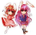  :3 animal_ears bad_id bad_pixiv_id brown_hair bunny_ears chibi hands_on_hips hijiri-taro inaba_tewi long_hair multiple_girls musical_note necktie purple_hair red_eyes red_neckwear reisen_udongein_inaba skirt touhou very_long_hair 