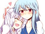  ^_^ blue_hair blush chata_maru_(irori_sabou) close-up closed_eyes fujiwara_no_mokou happy head_on_shoulder heart kamishirasawa_keine lavender_hair multiple_girls open_mouth red_eyes smile sweatdrop touhou upper_body 