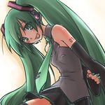  ayachi detached_sleeves green_eyes green_hair hatsune_miku headset long_hair lowres necktie skirt smile solo thighhighs twintails very_long_hair vocaloid 