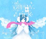  bad_id bad_pixiv_id blue blue_eyes blue_hair card coat earmuffs english floating_card flower hands_on_own_chest hands_together hatsune_miku long_hair mittens onohana own_hands_together red_scarf scarf snow_trick_(vocaloid) solo twintails vocaloid winter 