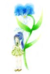  blue_hair dress flower green_eyes minigirl original ponytail reina_(polypropylene) sidelocks solo standing tears umbrella water water_drop 