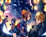  2boys awakusu_akane black_hair blonde_hair blush bobo_(pixiv) brown_eyes brown_hair closed_eyes durarara!! fan flower hair_flower hair_ornament heiwajima_shizuo highres japanese_clothes kimono lantern multiple_boys orihara_izaya petals short_hair star sunset tree 