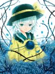  blue_flower blue_rose bow colored_eyelashes eyelashes eyes flower frills green_eyes hat komeiji_koishi petals plant rose shionty smile solo thorns touhou vines white_hair 