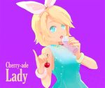  aqua_eyes bad_id bad_pixiv_id blonde_hair cherry food fruit glass hair_ribbon holding holding_food holding_fruit kagamine_rin pinky_out ribbon riri_(artist) short_hair solo vocaloid 