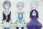  ayanami_rei blue_hair crossover darker_than_black dress gahon kita_high_school_uniform look-alike multiple_girls nagato_yuki neon_genesis_evangelion purple_dress purple_hair red_eyes school_uniform short_hair suzumiya_haruhi_no_yuuutsu trait_connection white_hair yin 