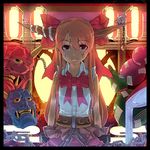  bow chain cup hair_bow hidori_(hibi_toridori) horn_ribbon horns ibuki_suika lantern large_bow long_hair mask oni_mask orange_hair red_eyes ribbon sakazuki smile solo touhou 