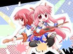  angel_beats! back-to-back guitar instrument iwasawa long_hair multiple_girls naono_naoru pink_eyes pink_hair red_hair school_uniform serafuku short_hair sleeves_rolled_up two_side_up yui_(angel_beats!) 