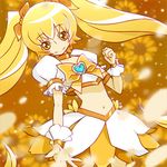  blonde_hair bow choker cure_sunshine hair_ribbon heart heartcatch_precure! long_hair lowres magical_girl midriff myoudouin_itsuki navel orange_choker orange_skirt precure ribbon shiratama_(ck259) skirt solo twintails very_long_hair yellow yellow_background yellow_bow yellow_eyes 