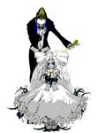  1girl blue_eyes bouquet bowing cattleya_(pokemon) dress flower formal height_difference kokuran_(pokemon) long_hair oekaki pocket_watch pokemon pokemon_(game) pokemon_dppt pokemon_platinum royalblue simple_background tuxedo watch white_hair 