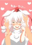  animal_ears bad_id bad_pixiv_id blush closed_eyes detached_sleeves hair_tousle happy hat inubashiri_momiji looking_at_viewer messy_hair nomutarou out_of_frame petting short_hair solo_focus tokin_hat touhou white_hair wolf_ears 