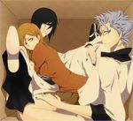  2boys arrancar between_legs black_hair bleach blue_eyes blue_hair brown_eyes eri_momo espada facial_mark green_eyes grimmjow_jaegerjaquez grin hair_over_one_eye hand_on_thigh inoue_orihime leg_up looking_back multiple_boys orange_hair profile sitting sitting_on_lap sitting_on_person skirt smile spiked_hair sweater ulquiorra_cifer 